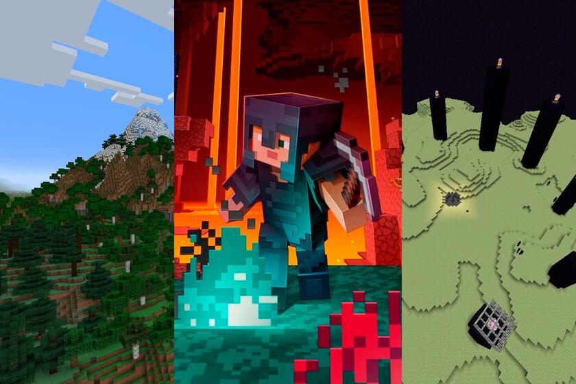 Minecraft Download APK Pocket Edition v1.26.30.32 For Android 2026 4 Minecraft Overworld, Nether, and The End shown together in one image