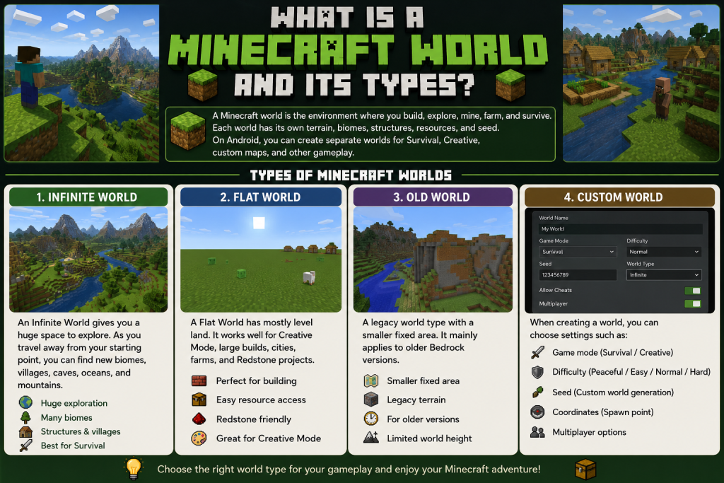 Minecraft Download APK Pocket Edition v1.26.30.32 For Android 2026 7 Minecraft World and Its Types showing Infinite World, Flat World, Old World, and Custom World