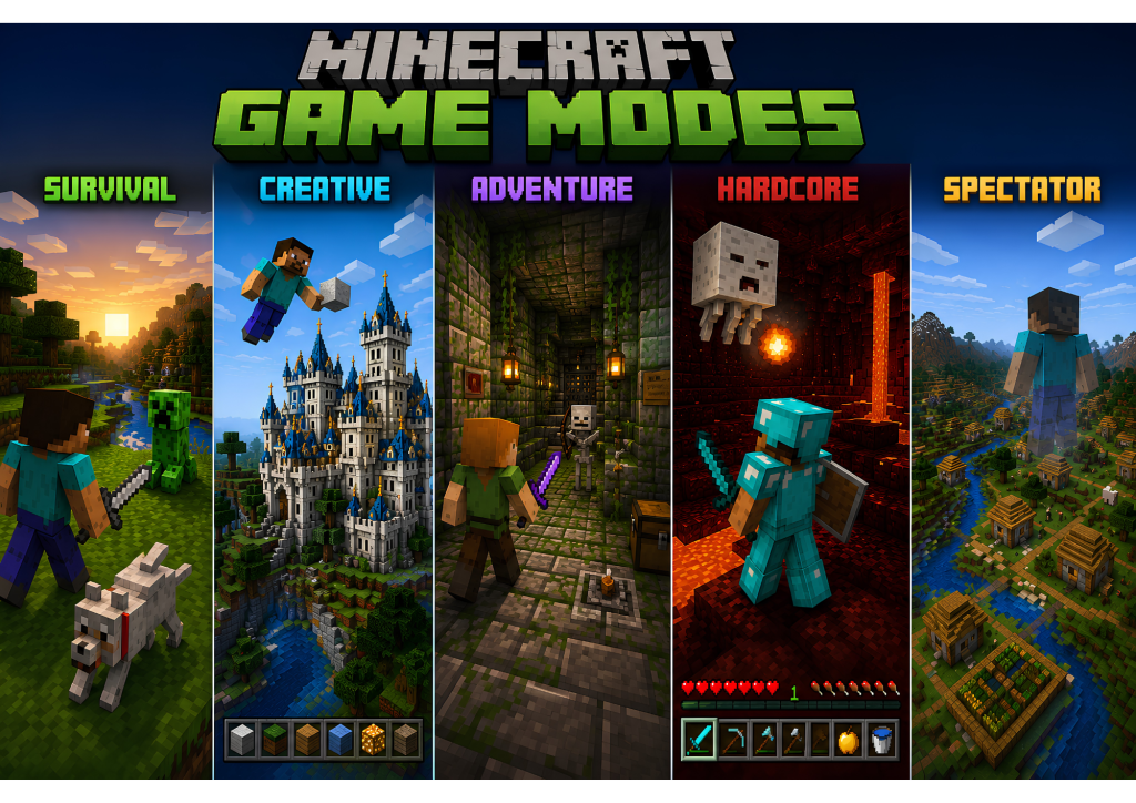 Minecraft Download APK Pocket Edition v1.26.30.32 For Android 2026 5 Minecraft game modes showing Survival, Creative, Adventure, Hardcore, and Spectator gameplay scenes.